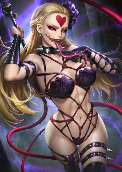 Anime picture 2480x3508 with one-punch man madhouse kaijin hime do-s nudtawut thongmai single long hair tall image looking at viewer highres breasts open mouth light erotic blonde hair red eyes large breasts standing braid (braids) realistic teeth piercing