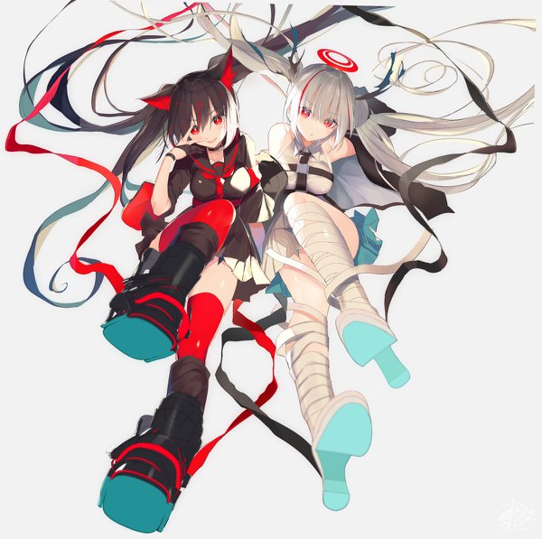 Anime picture 1200x1194 with original nekoboshi sakko long hair looking at viewer fringe breasts open mouth simple background smile hair between eyes red eyes brown hair twintails multiple girls animal ears payot silver hair full body bent knee (knees) head tilt