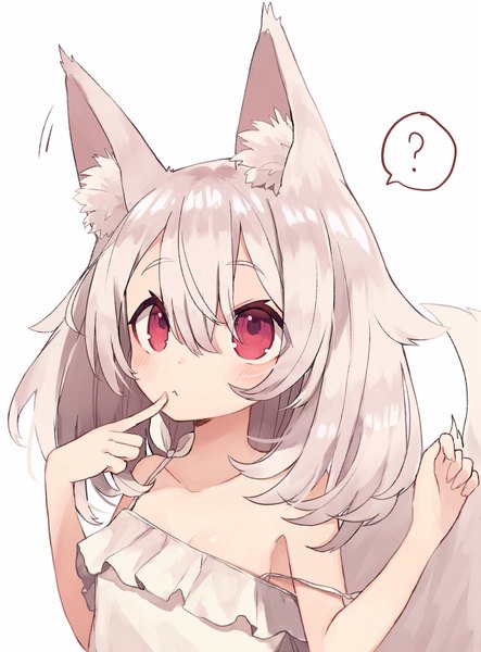 Anime picture 600x812 with original shugao single long hair tall image fringe breasts simple background hair between eyes bare shoulders animal ears payot silver hair tail animal tail pink eyes fox ears finger to mouth fox tail fox girl