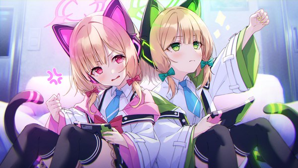 Anime picture 4800x2700 with blue archive nintendo momoi (blue archive) midori (blue archive) hasumi (hasubatake39) highres short hair blonde hair wide image sitting multiple girls green eyes absurdres tail animal tail pink eyes cat tail outstretched arm siblings twins