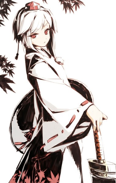 Anime picture 600x943 with touhou inubashiri momiji rokuwata tomoe single tall image looking at viewer fringe short hair red eyes white background white hair traditional clothes japanese clothes girl weapon sword shield tokin hat