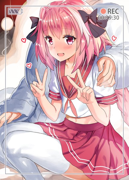 Anime picture 1029x1440 with fate (series) fate/apocrypha astolfo (fate) mizuta kenji (suidengetsu) long hair tall image looking at viewer blush fringe open mouth smile hair between eyes sitting pink hair braid (braids) :d pleated skirt pink eyes multicolored hair two-tone hair