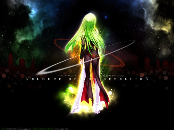 Anime picture 1600x1200 with code geass sunrise (studio) c.c. single long hair standing full body green hair from behind text back space girl uniform