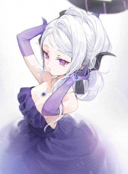 Anime picture 1799x2437 with blue archive hina (blue archive) hina (dress) (blue archive) hansum single long hair tall image highres simple background purple eyes looking away silver hair horn (horns) from above arms up official alternate costume girl dress gloves earrings