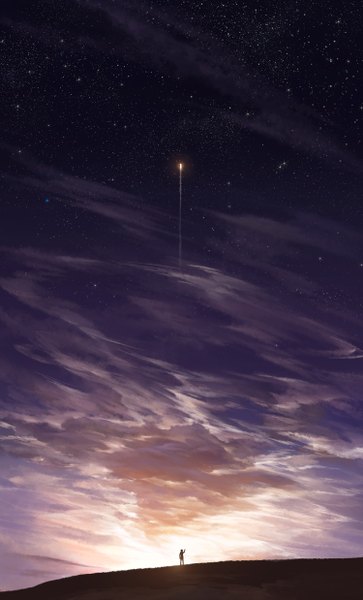 Anime picture 1500x2475 with original hanyijie single tall image standing sky cloud (clouds) outdoors arm up scenic silhouette ambiguous gender star (stars) rocket