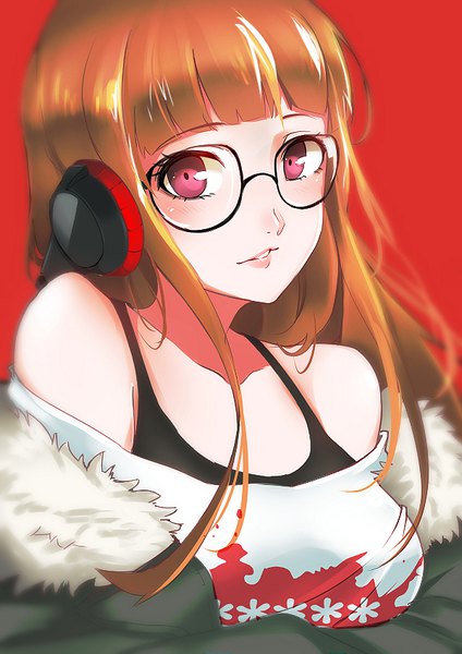 Anime picture 600x848 with persona 5 persona sakura futaba homuntan single long hair tall image looking at viewer fringe simple background bare shoulders upper body blunt bangs pink eyes orange hair red background girl glasses headphones