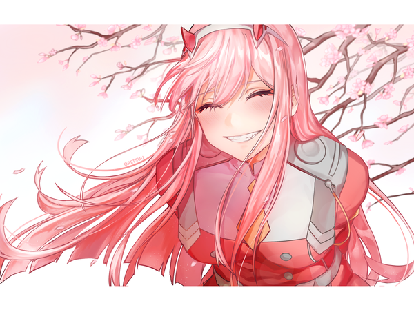 Anime picture 2000x1499 with darling in the franxx studio trigger zero two (darling in the franxx) oretsuu single long hair blush fringe highres smile hair between eyes signed pink hair eyes closed wind leaning leaning forward grin cherry blossoms letterboxed