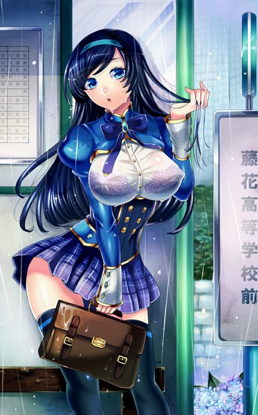 Anime picture 700x1125 with original matsurika youko single long hair tall image breasts open mouth blue eyes light erotic large breasts blue hair rain girl thighhighs skirt uniform black thighhighs school uniform hairband school bag