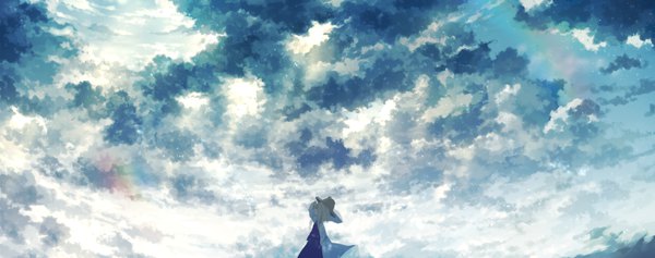 Anime picture 2592x1024 with touhou moriya suwako ersdicer single highres short hair blonde hair wide image sky cloud (clouds) wide sleeves looking up girl skirt hat