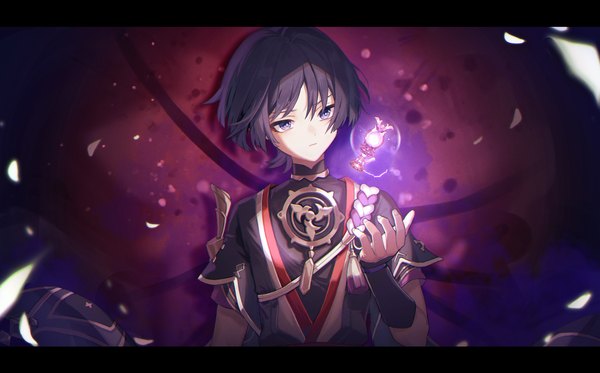 Anime picture 2293x1424 with genshin impact scaramouche (genshin impact) kino (m6t2a) single highres short hair black hair wide image purple eyes looking away upper body letterboxed gnosis (genshin impact) boy