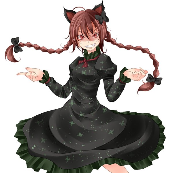 Anime picture 1000x1000 with touhou kaenbyou rin s-syogo single long hair simple background smile red eyes white background animal ears red hair braid (braids) cat ears teeth fang (fangs) spread arms girl dress bow hair bow