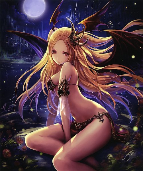 Anime picture 3645x4359 with shingeki no bahamut tachikawa mushimaro (bimo) single long hair tall image looking at viewer highres light erotic blonde hair smile red eyes sitting bare shoulders absurdres cloud (clouds) horn (horns) night bare belly bare legs night sky