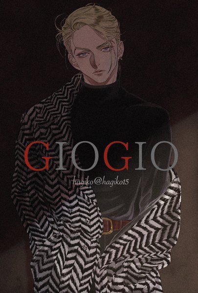 Anime picture 1181x1748 with jojo no kimyou na bouken prosciutto hagiko single tall image looking at viewer short hair simple background blonde hair standing signed head tilt off shoulder black background fashion boy belt coat turtleneck