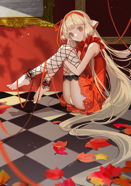 Anime picture 1488x2105 with chobits chii haitu single tall image looking at viewer light erotic blonde hair brown eyes full body very long hair barefoot leg lift (legs lift) checkered floor floor girl dress underwear panties ribbon (ribbons)