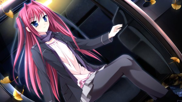Anime picture 2560x1440 with otome ga tsumugu koi no canvas ootori rena kimishima ao long hair highres blue eyes wide image game cg red hair open clothes open jacket girl ribbon (ribbons) hair ribbon leaf (leaves)