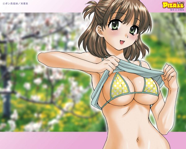 Anime picture 1200x960 with action pizazz single looking at viewer blush fringe short hair open mouth light erotic smile brown hair bare shoulders green eyes inscription cherry blossoms undressing girl navel flower (flowers) swimsuit plant (plants)