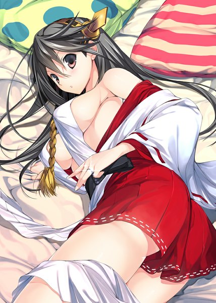 Anime picture 740x1036 with kantai collection haruna battleship naruse hirofumi single long hair tall image looking at viewer breasts light erotic black hair red eyes large breasts bare shoulders girl skirt hair ornament