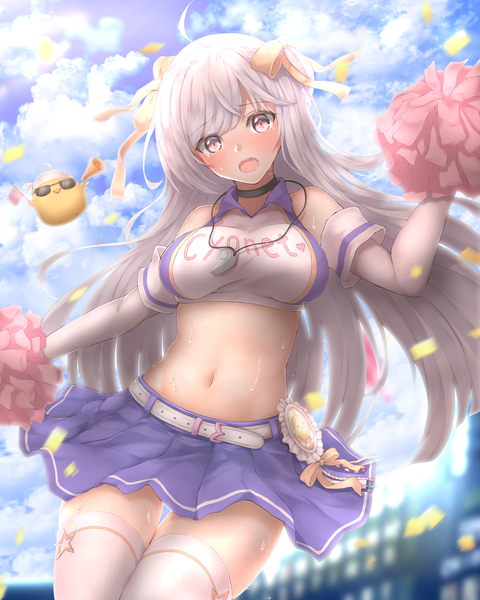 Anime picture 1600x2000 with azur lane manjuu (azur lane) cygnet (azur lane) cygnet (royal fanfare) (azur lane) absent single long hair tall image looking at viewer blush fringe open mouth light erotic standing yellow eyes sky silver hair cloud (clouds) ahoge outdoors