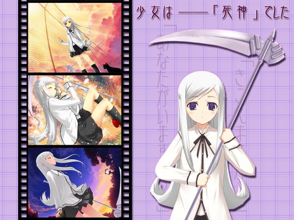 Anime picture 1024x768 with to heart 2 shinigami no ballad leaf (studio) lucy maria misora white hair wallpaper parody film strip scythe