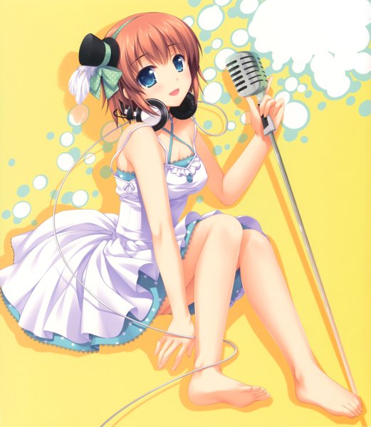 Anime picture 4914x5652 with alpha (yukai na nakamatachi) single tall image looking at viewer blush highres short hair open mouth blue eyes brown hair bare shoulders absurdres barefoot scan bare legs girl dress hat headphones sundress