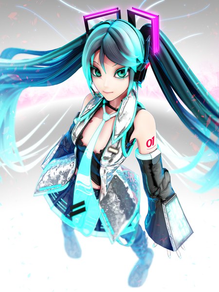Anime picture 1500x2000 with vocaloid hatsune miku deino single tall image looking at viewer fringe hair between eyes standing twintails bare shoulders cleavage full body very long hair aqua eyes blurry aqua hair tattoo zettai ryouiki gradient background