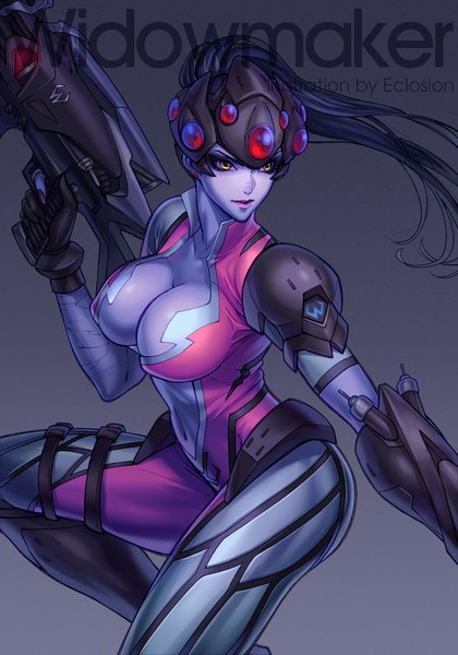 Anime picture 827x1181 with overwatch blizzard entertainment widowmaker (overwatch) eclosion single long hair tall image breasts light erotic black hair simple background large breasts signed yellow eyes looking away cleavage ponytail grey background character names lipstick