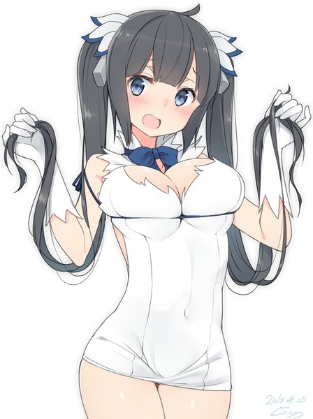 Anime picture 748x1000 with dungeon ni deai wo motomeru no wa machigatteiru darou ka j.c. staff hestia (danmachi) nekoume single long hair tall image blush fringe breasts open mouth blue eyes light erotic black hair large breasts white background twintails bare shoulders signed looking away