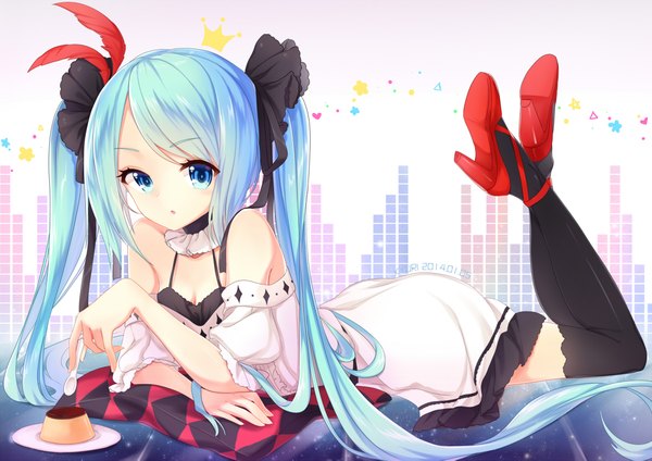 Anime picture 2100x1485 with vocaloid world is mine (vocaloid) hatsune miku kyuri tizu looking at viewer highres twintails bare shoulders lying very long hair aqua eyes aqua hair girl thighhighs dress bow black thighhighs hair bow shoes