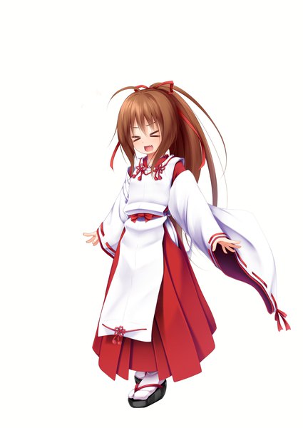 Anime picture 2507x3542 with original tachibana mion (izumi kazusa) haryuu (poetto) single long hair tall image highres open mouth simple background smile brown hair standing white background full body ahoge ponytail eyes closed long sleeves traditional clothes japanese clothes