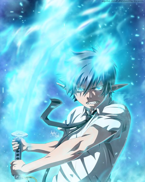 Anime picture 2000x2505 with ao no exorcist a-1 pictures okumura rin aagito single tall image highres short hair black hair aqua eyes pointy ears grin coloring magic angry boy weapon shirt sword necktie