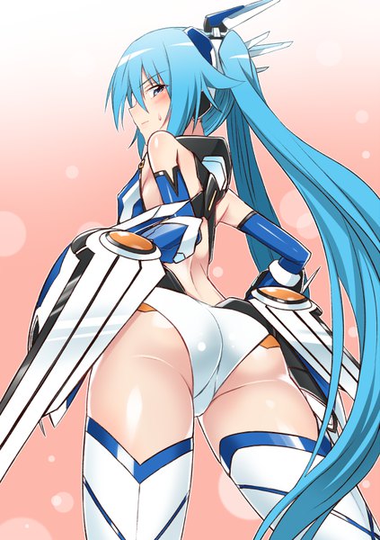 Anime-Bild 565x800 mit ore twintail ni narimasu production ims tsube aika tail blue yuto (dialique) single tall image looking at viewer blush fringe blue eyes light erotic simple background hair between eyes twintails bare shoulders blue hair ass very long hair profile
