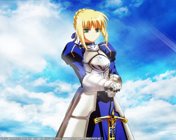 Anime picture 1280x1024 with fate (series) fate/stay night studio deen type-moon artoria pendragon (all) saber long hair blonde hair girl weapon sword