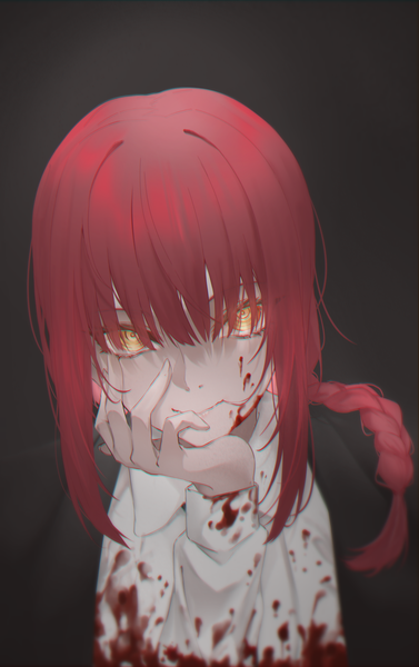 Anime picture 2480x3947 with chainsaw man mappa makima (chainsaw man) a9 (repainter) single long hair tall image looking at viewer fringe highres simple background hair between eyes yellow eyes red hair braid (braids) single braid black background blood on face chin rest bloody clothes