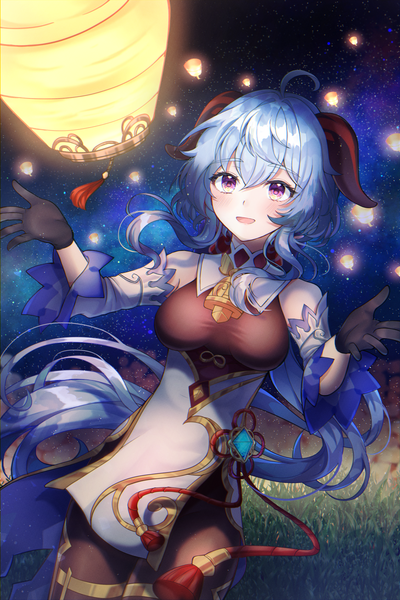 Anime picture 2000x3000 with genshin impact ganyu (genshin impact) ryunbi single long hair tall image blush fringe highres breasts open mouth smile hair between eyes large breasts purple eyes bare shoulders blue hair looking away ahoge traditional clothes