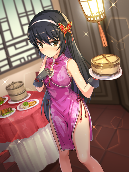 Anime picture 900x1200 with girls und panzer reizei mako ikomochi single long hair tall image looking at viewer blush fringe light erotic black hair hair between eyes standing brown eyes indoors traditional clothes sparkle alternate costume embarrassed lens flare