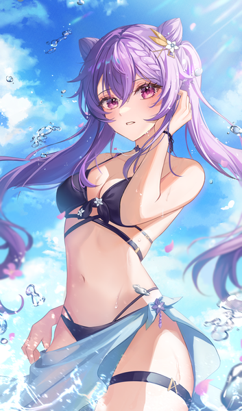 Anime picture 3265x5553 with genshin impact keqing (genshin impact) youwon0417 single long hair tall image looking at viewer blush fringe highres breasts light erotic hair between eyes standing purple eyes twintails payot absurdres sky cleavage