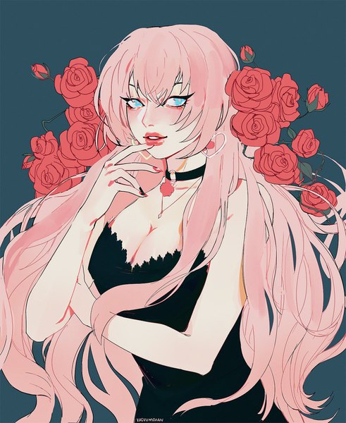 Anime picture 1200x1465 with vocaloid megurine luka sofiia drozdova (vacuumch) single long hair tall image blue eyes light erotic pink hair cleavage lips lipstick turning head finger to mouth girl flower (flowers) earrings choker rose (roses) red rose
