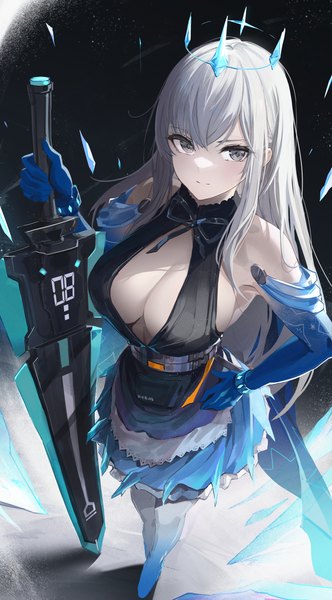 Anime-Bild 1492x2700 mit tower of fantasy meryl (tower of fantasy) furizuu20 single long hair tall image looking at viewer fringe breasts light erotic simple background hair between eyes large breasts standing holding cleavage full body from above grey hair grey eyes