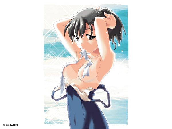 Anime picture 1024x768 with watanabe akio single light erotic black hair holding black eyes armpit (armpits) wallpaper mouth hold adjusting hair tan tan lines tying hair ribbon in mouth girl swimsuit one-piece swimsuit school swimsuit