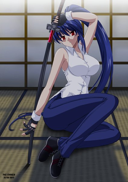 Anime picture 800x1131 with original akatsuki shigure (original) the-sinner single tall image looking at viewer red eyes sitting blue hair ponytail very long hair girl gloves weapon sword shoes katana