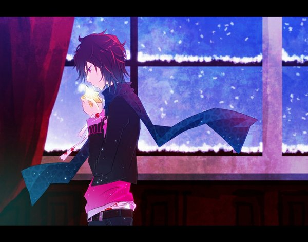 Anime picture 1019x800 with gekka ryouran romance aoi kano single short hair brown hair standing holding profile pink eyes sparkle snowing winter snow framed exhalation boy belt window scarf star (symbol)
