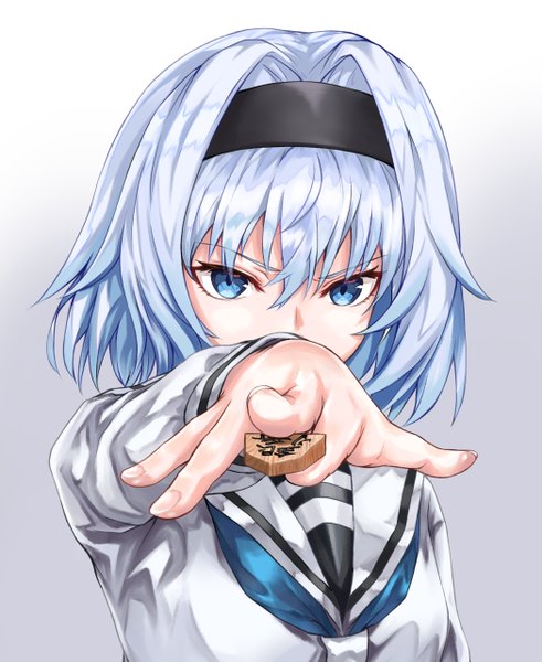 Anime picture 2095x2561 with ryuuou no oshigoto! sora ginko yu sa1126 single tall image looking at viewer fringe highres short hair blue eyes simple background hair between eyes holding silver hair upper body fingernails gradient background outstretched arm girl uniform