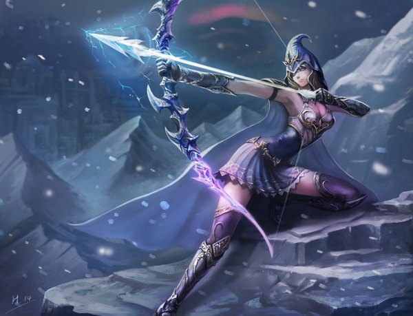 Anime picture 1500x1149 with league of legends ashe (league of legends) turewindwalker single long hair breasts blonde hair standing brown eyes looking away sky realistic kneeling glowing snowing winter snow mountain arched back fantasy