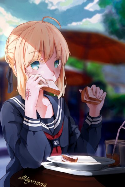 Anime picture 1026x1536 with fate (series) fate/stay night type-moon artoria pendragon (all) saber magicians (zhkahogigzkh) single tall image looking at viewer blush fringe blonde hair sitting holding signed sky cloud (clouds) ahoge aqua eyes alternate costume