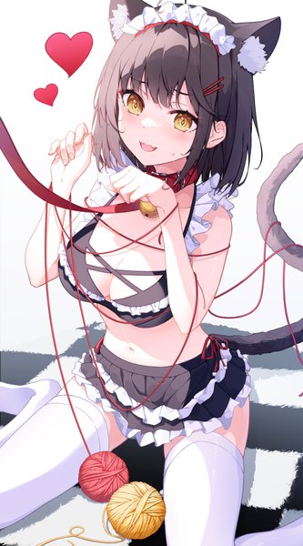 Anime picture 600x1080 with original keis (locrian1357) single tall image looking at viewer blush fringe short hair breasts open mouth light erotic black hair simple background large breasts sitting animal ears yellow eyes tail blunt bangs :d