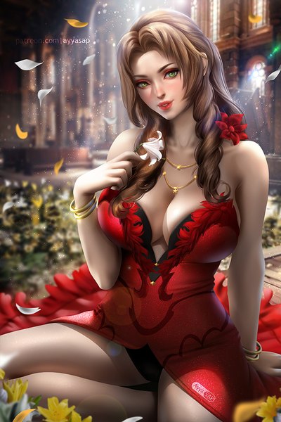 Anime picture 720x1080 with final fantasy final fantasy vii final fantasy vii remake square enix aerith gainsborough ayyasap single long hair tall image looking at viewer blush fringe breasts light erotic smile large breasts sitting holding green eyes signed