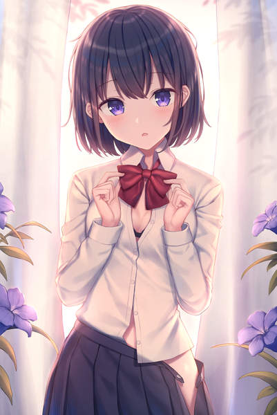 Anime picture 802x1200 with original kawami nami single tall image looking at viewer blush fringe short hair breasts open mouth light erotic black hair standing purple eyes payot long sleeves pleated skirt partially open clothes backlighting unbuttoned