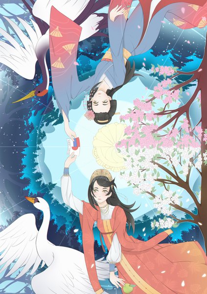 Anime picture 1200x1700 with original basti rin long hair tall image black hair multiple girls green eyes sky long sleeves traditional clothes japanese clothes hair flower cherry blossoms reflection looking up landscape glow different reflection symmetry girl