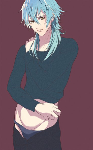 Anime picture 600x960 with dramatical murder nitro+chiral aoba (dmmd) myua single long hair tall image light erotic simple background yellow eyes blue hair parted lips groin looking down red background open pants hand on shoulder boy underwear panties