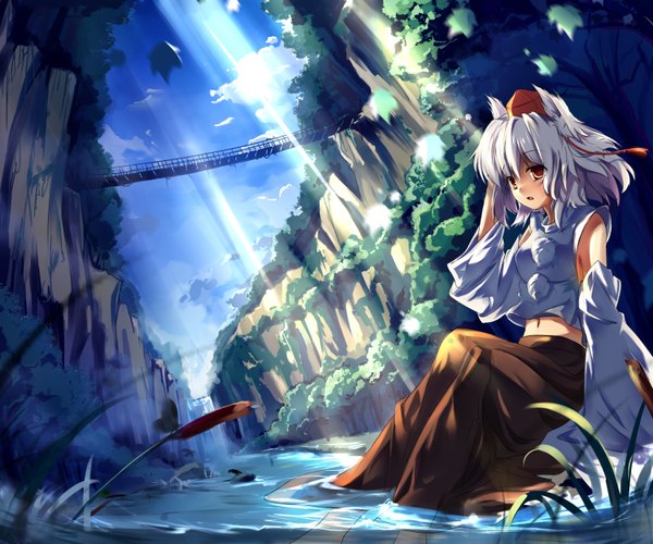 Anime picture 3000x2500 with touhou inubashiri momiji baisi shaonian single highres short hair red eyes animal ears sky cloud (clouds) white hair river girl plant (plants) hat detached sleeves tree (trees) water bridge